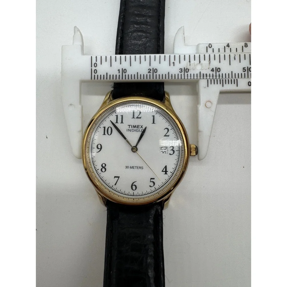 Timex Indiglo Easy Reader Gold Tone White Dial Black Leather Watch 30M T66